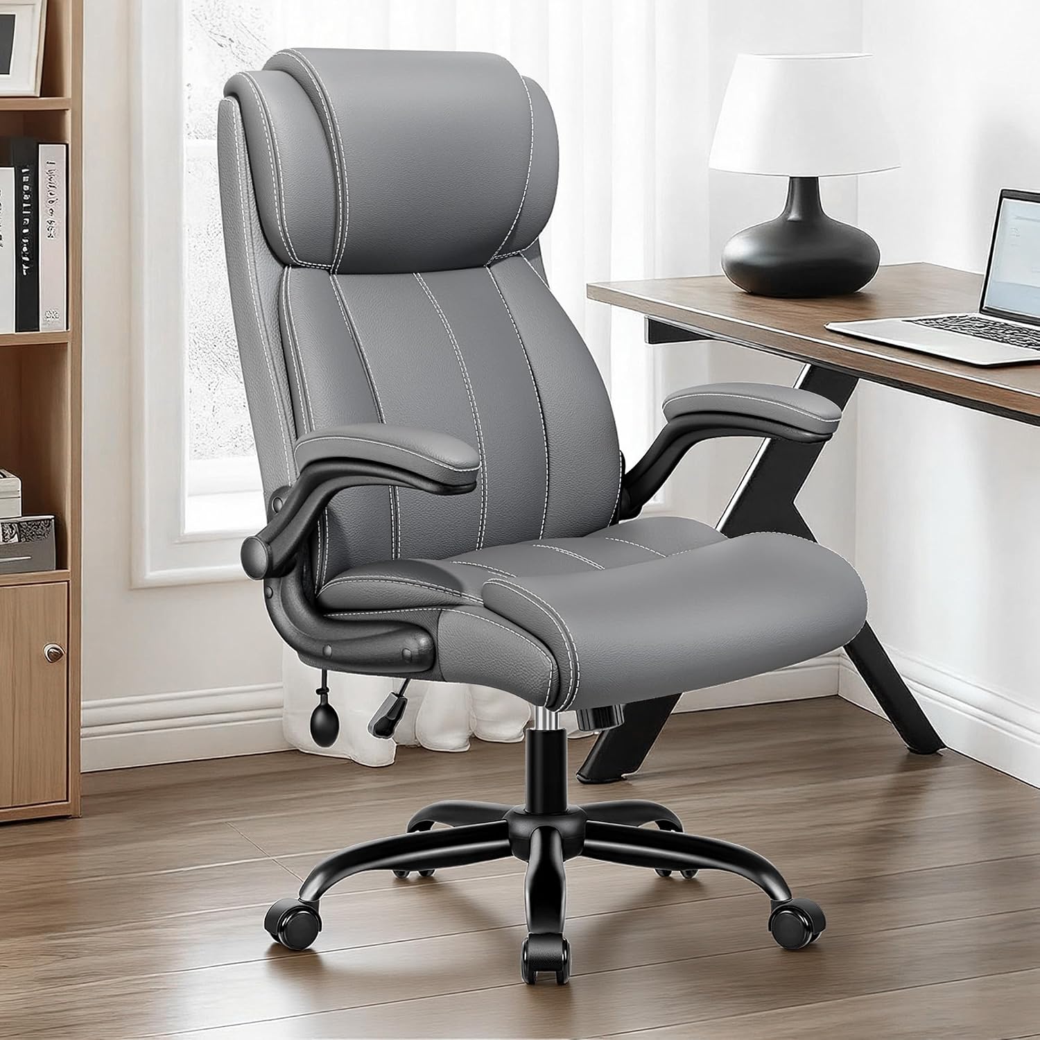 BESTFAIR Ergonomic Office Chair - Desk Computer Chair, Leather High Back Executive Chairs with Adjustable Lumbar Support & Flip Up Arms, Gray 2 Pack