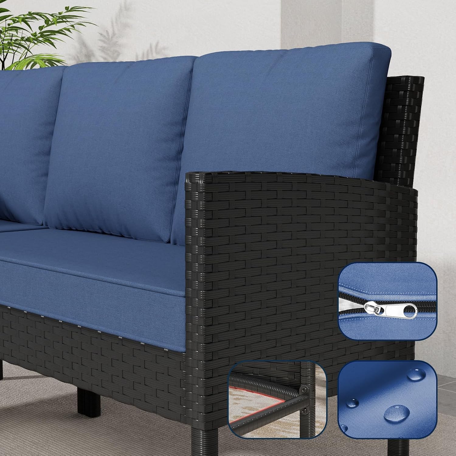 7-Piece Outdoor Patio Furniture Set, Wicker Sectional Sofa with Seat & Back Cushions, All-Weather Conversation Set with Long Glass Coffee Table for Garden, Porch, Lawn, Khaki