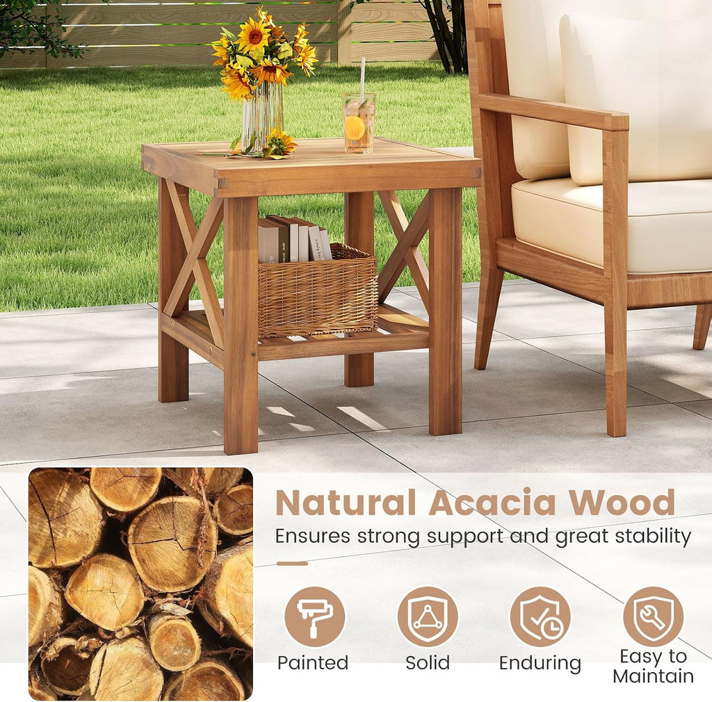 Tangkula Outdoor Side Table, 2-Tier Acacia Wood Adirondack Bistro Small Square Patio Table with Slatted Tabletop & Storage Shelf, for Yard, Deck, Garden, Poolside (2)