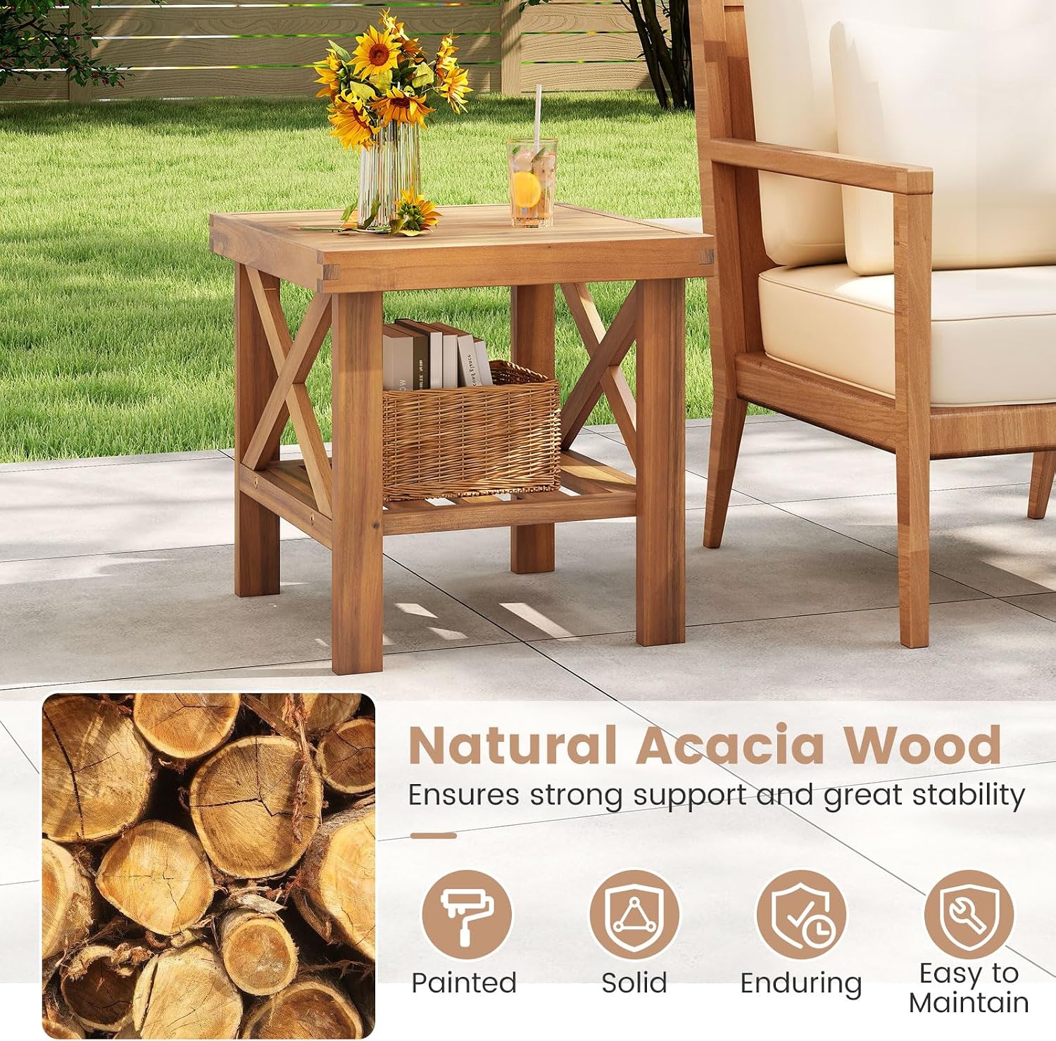 Tangkula Outdoor Side Table, 2-Tier Acacia Wood Adirondack Bistro Small Square Patio Table with Slatted Tabletop & Storage Shelf, for Yard, Deck, Garden, Poolside (2)