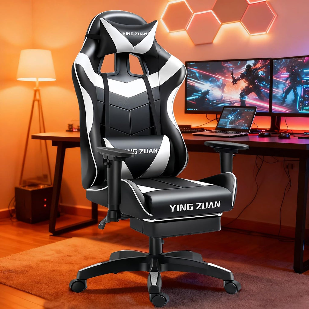 Video Gaming Chair with Speakers, PU Leather Office Chair with Massage Lumbar Pillow & Footrest, Latex Reclining Desk Chair with Adjustable Rotating Armrests for Adults(Black+White)
