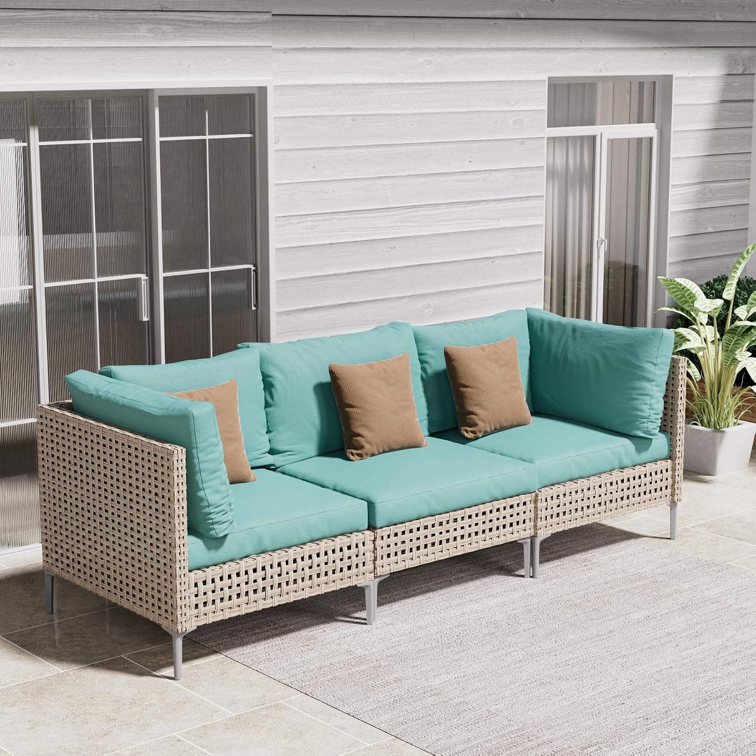 Grand patio 3-Piece Wicker Patio Furniture Set, Boho Outdoor Conversation Set Sectional Sofa with Water Resistant Thick Cushions and Coffee Table, Blue