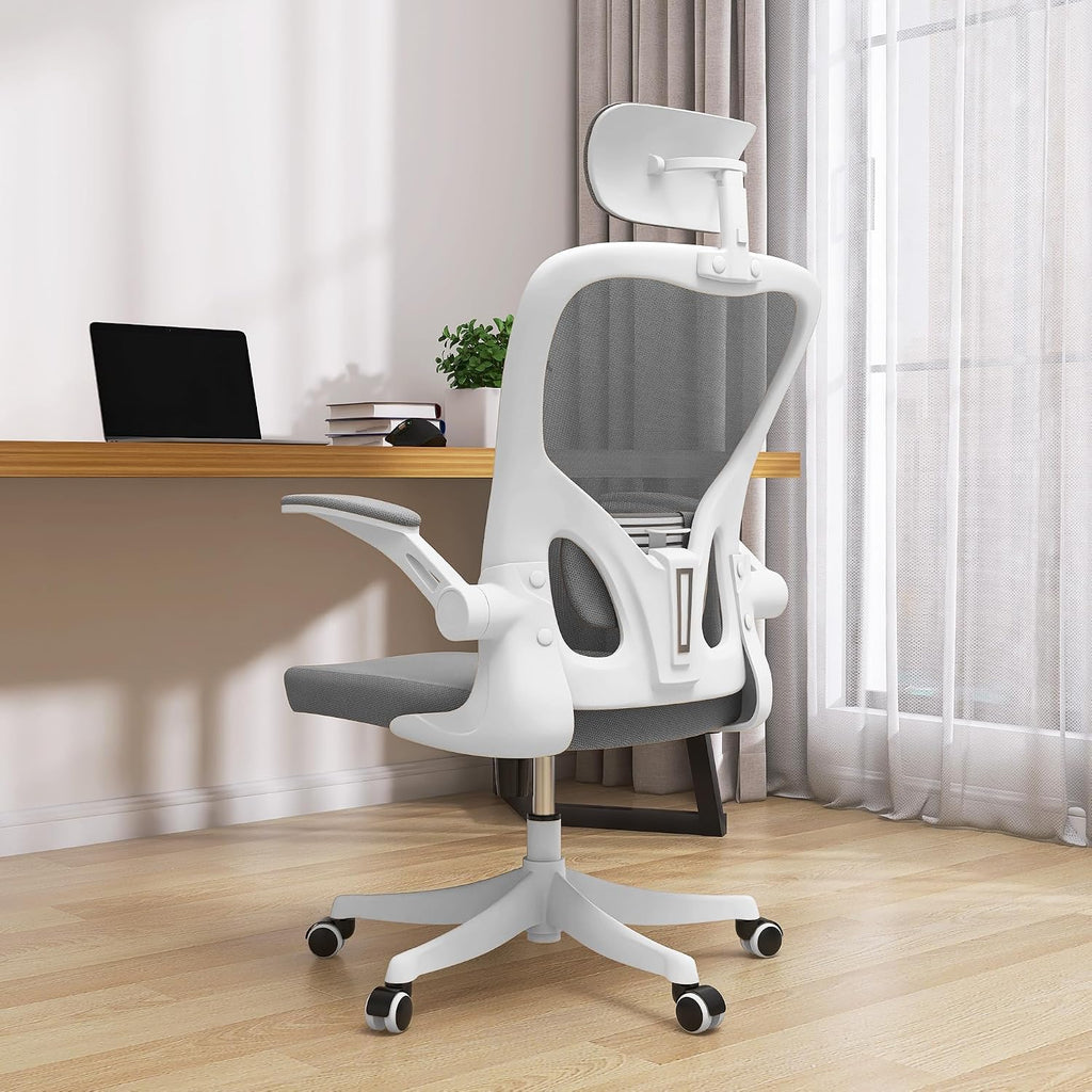 Monhey Ergonomic Office Chair, 90°-125° Tilt Back Home Desk Chair with 360° Swivel & Mute Wheels, High Back Mesh Computer Chair for Adults with Lumbar Support, 330 LBS Capacity(02White+Grey)