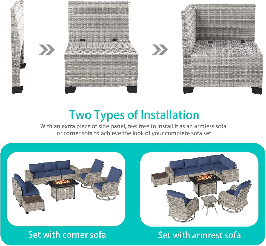 10-Piece Outdoor Patio Furniture Set with Rocking Swivel Chair, PE Wicker Rattan Sectional Sofa Patio Conversation Set with 55,000 BTU Fire Pit Table & Coffee Table, Navy Blue