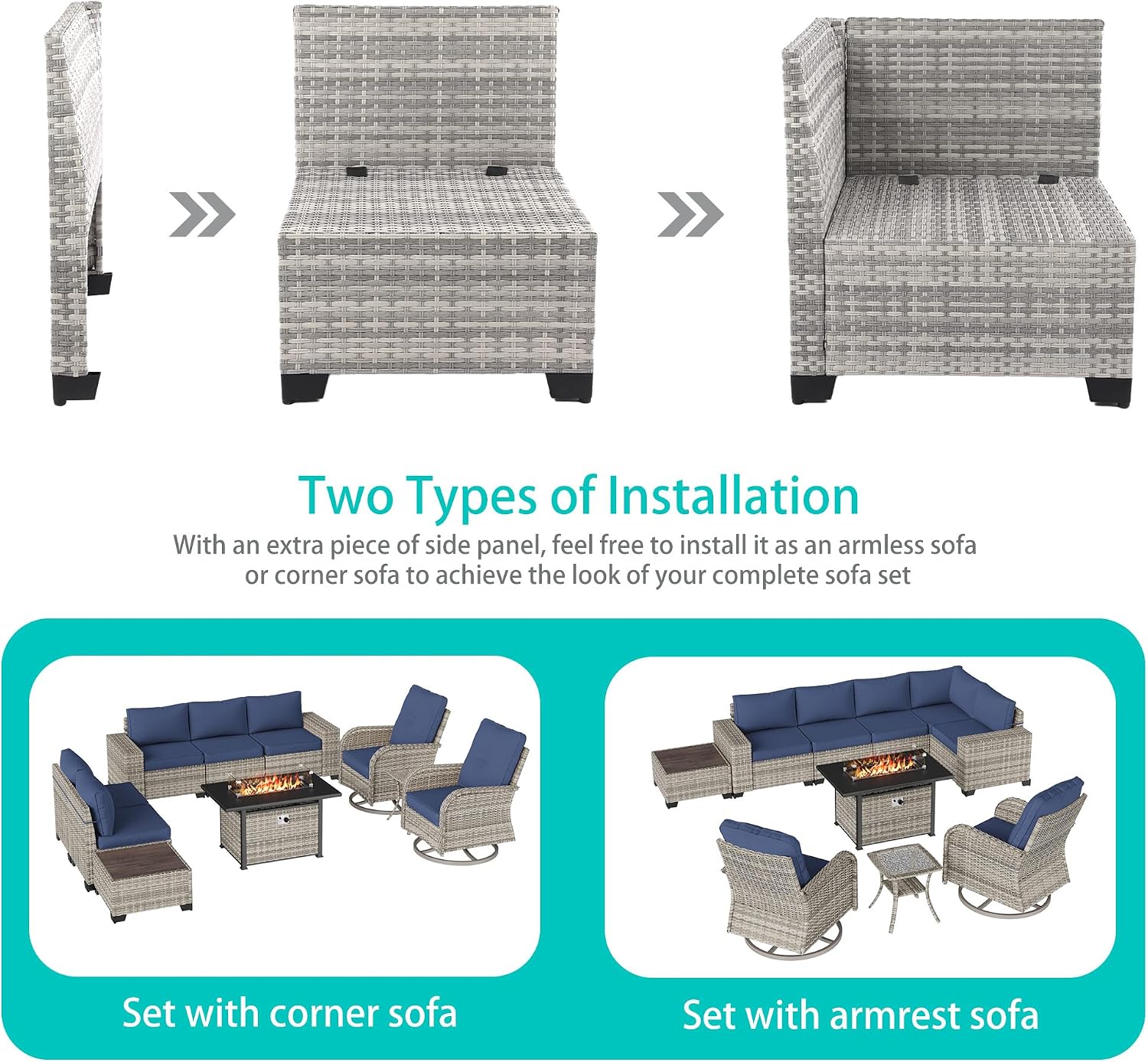 10-Piece Outdoor Patio Furniture Set with Rocking Swivel Chair, PE Wicker Rattan Sectional Sofa Patio Conversation Set with 55,000 BTU Fire Pit Table & Coffee Table, Navy Blue