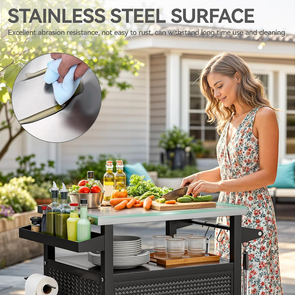 YITAHOME 25 Inch Outdoor Grill Cart with Stainless Steel Top, Outdoor Grill Table with Storage Shelves for Patio, Kitchen Prep, Grilling Accessories, Black