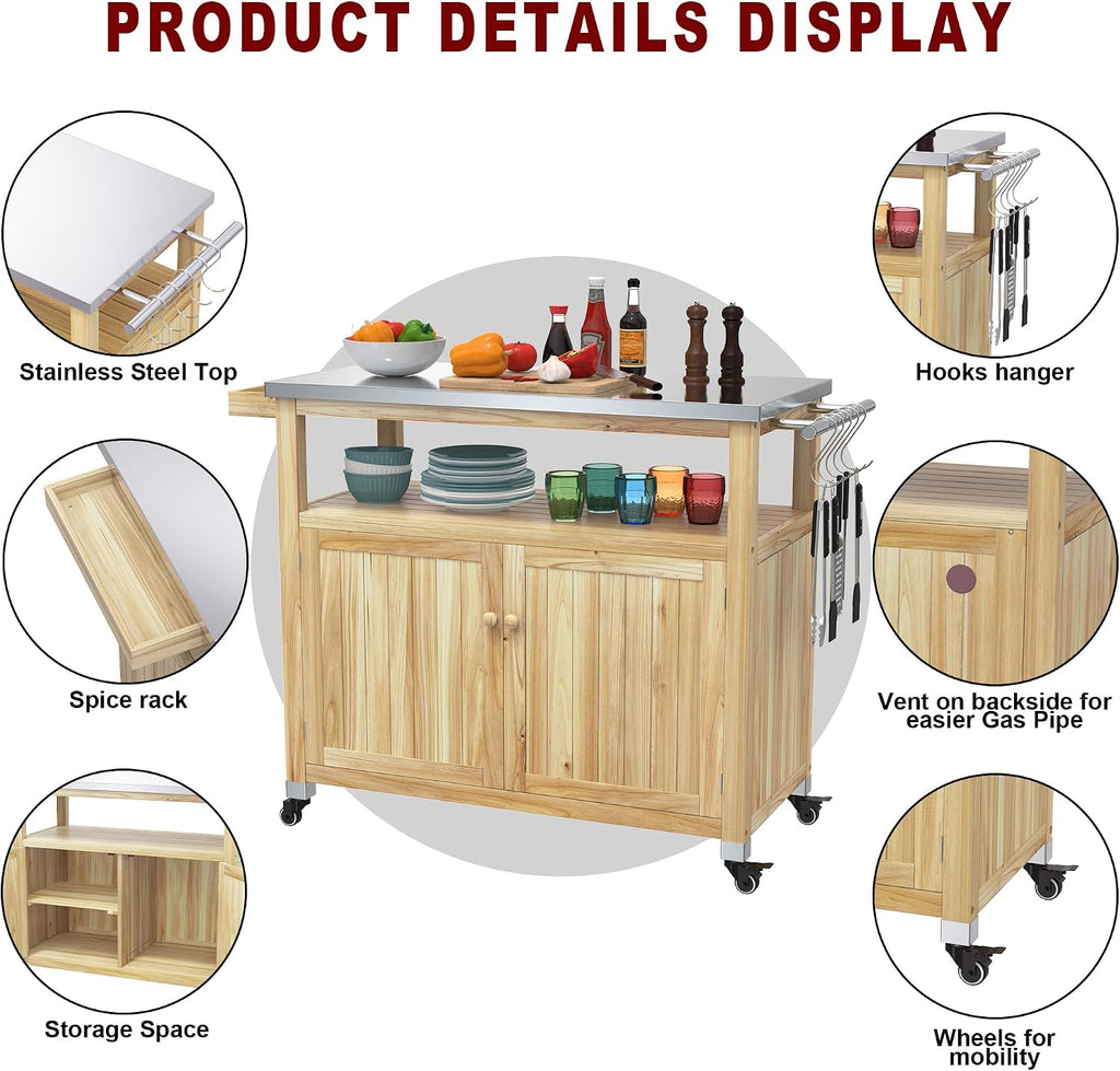 GDLF Outdoor Storage Cabinet Wood Outdoor Kitchen Prep Grill Table with Stainless Steel Top Waterproof Cover (Natural Wood Color)