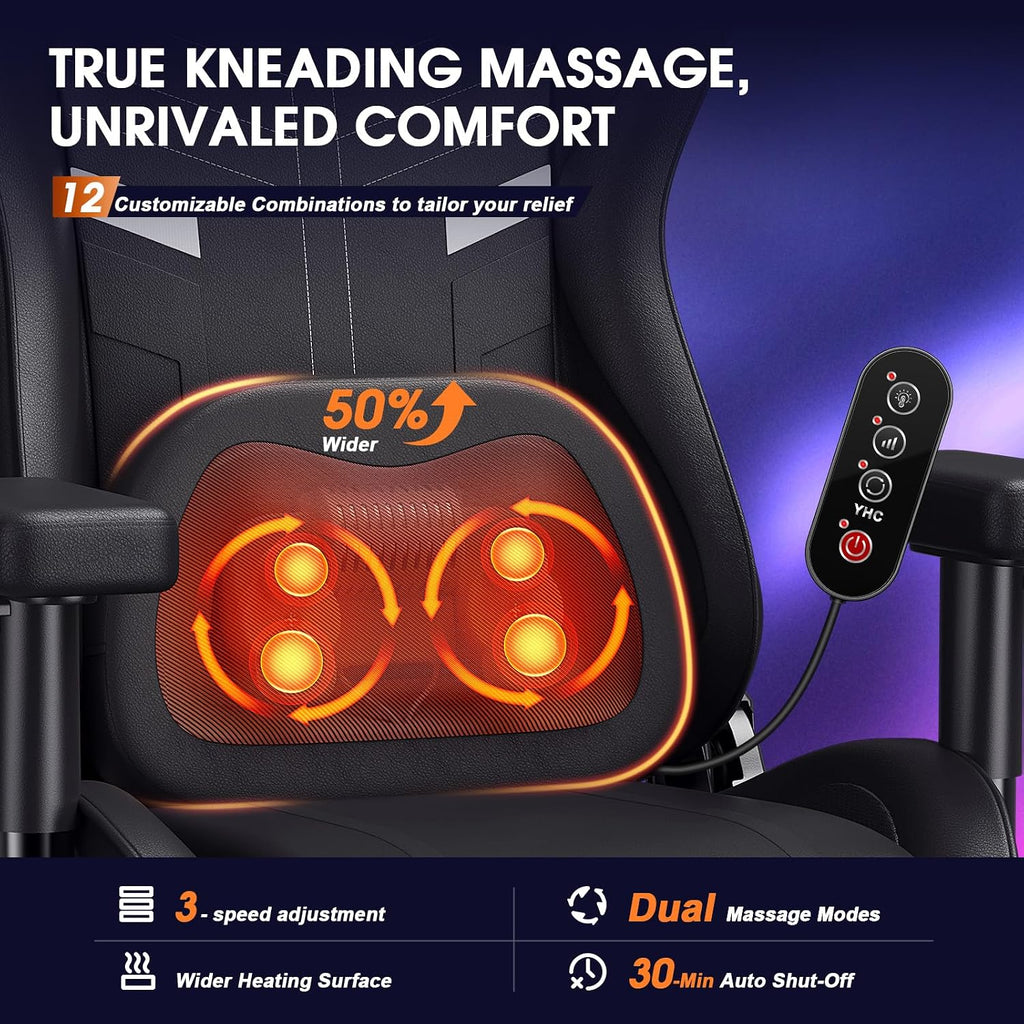 Douxlife 3D Kneading Massage Gaming Chair with Footrest, 400lbs Heavy Duty PC Computer Office Chair for Adults, Adjustable 2D Armrests, Ergonomic 175° Recline & Optional Heat, Dark Black
