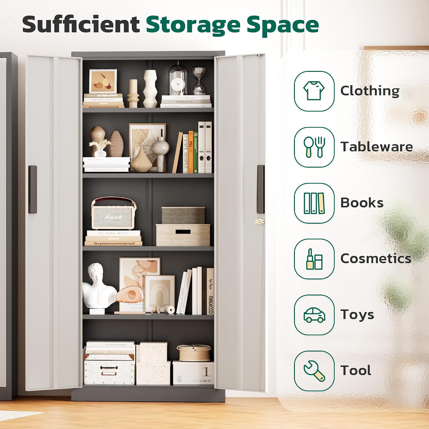 Greenvelly Metal Storage Cabinet, 63' H Locking Metal Storage Cabinet with Doors and 4 Shelves, Lockable Steel Cabinets for Kitchen, Bedroom, Living Room, Office (White Grey)