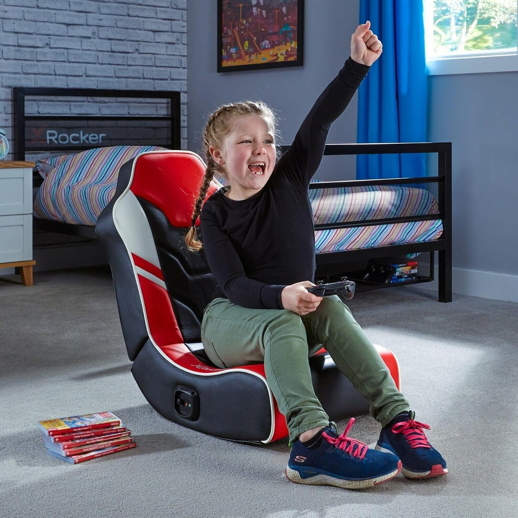 X-Rocker Shadow Gaming Chair for Kids and Juniors, 2.0 Audio Floor Rocker, Low Folding Rocking Seat with 2 Stereo Sound Speakers, Padded Foam Gaming Seat for Children for XBOX, PS4, PS5, Switch - RED