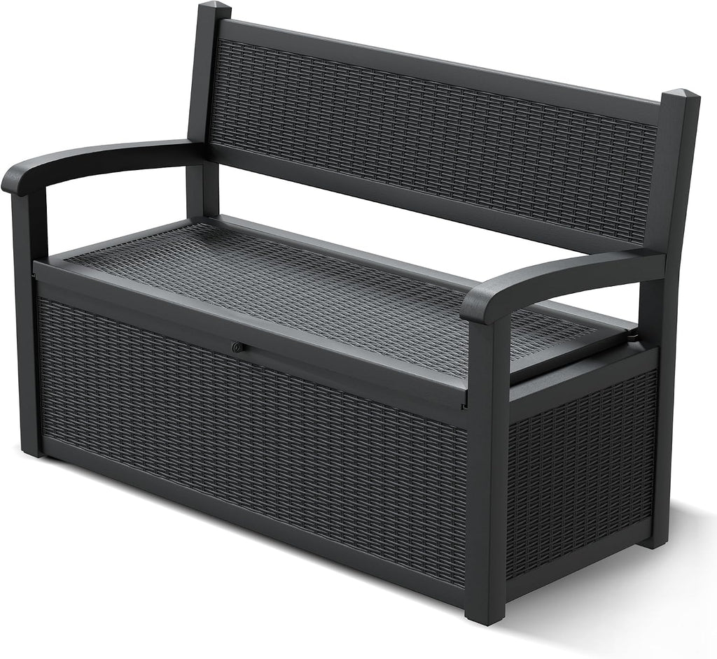 NUNU LAB 70 Gallon Outdoor Storage Bench Deck Box, Lockable Patio Furniture,Resin Outdoor Bench with Armrest,Waterproof Garden Decor,outdoor storage box,for Garden Tools,Cushions and Pool Supplies