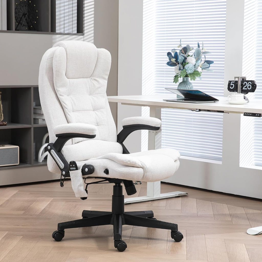 Vinsetto 6 Point Vibrating Massage Office Chair with Heat, Linen High Back Executive Office Chair with Reclining Backrest, Padded Armrests and Remote, Cream White