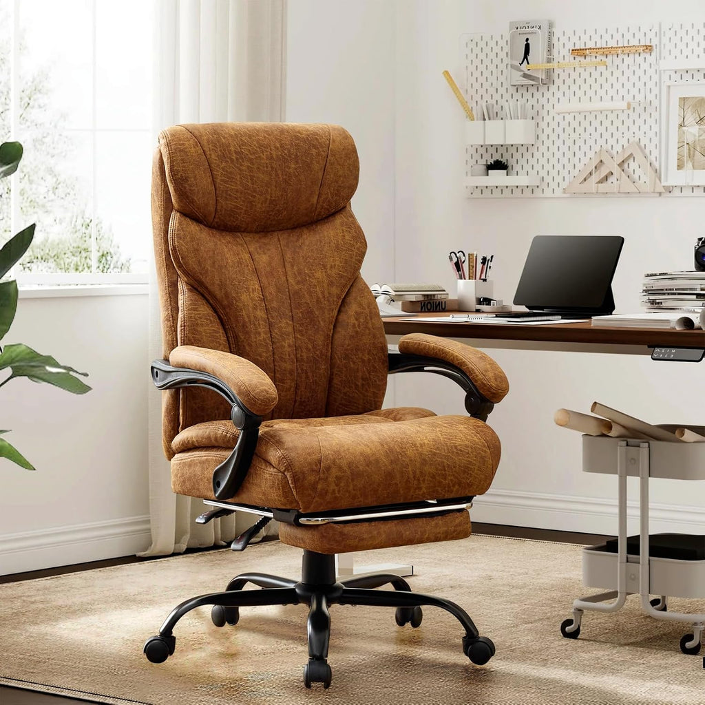 Big and Tall Office Chairs with Foot Rest,500LBS Wide Ergonomic Gaming Chair,100-135°Recline Executive Leather Computer Chairs with Adjustable Height,Brown