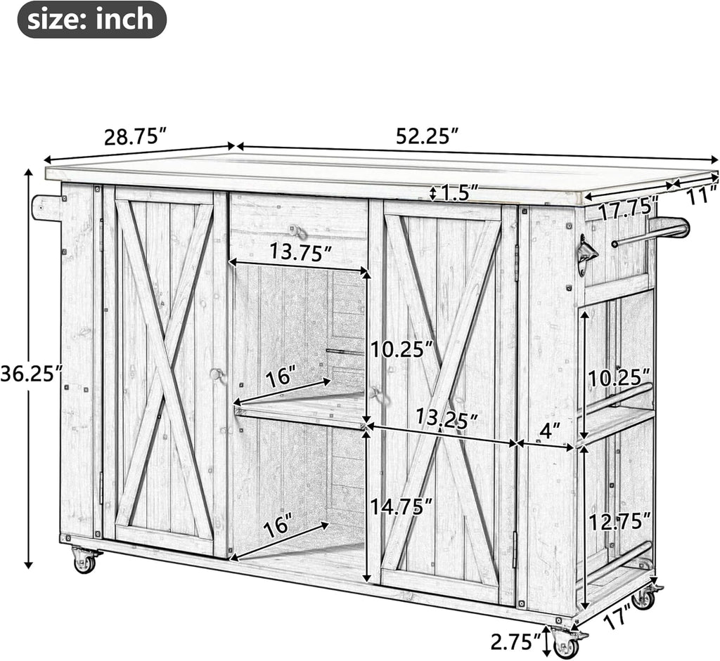 LUMISOL Outdoor Grill Table with Stainless Steel Top, Farmhouse Fir Wood Outdoor Kitchen Island with Ample Storage Space, Rolling Bar Cart with Spice & Towel Rack, and Bottle Opener, Natural