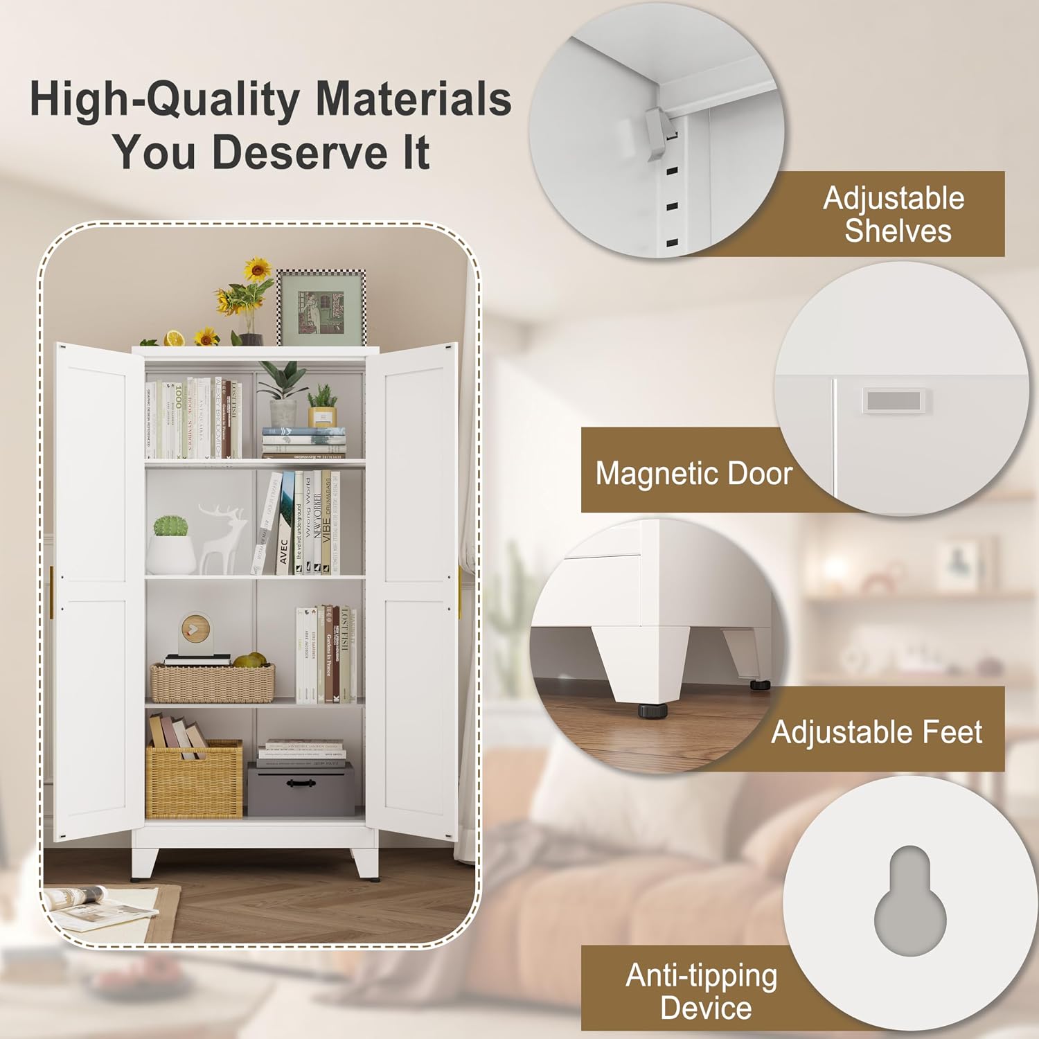 pozdeg Metal Storage Cabinet - 61' Tall Steel File Cabinets with 2 Doors and 3 Adjustable Shelves Versatile Storage Pantry Cabinet for Home Office Warehouse Garage or Outdoor (White)