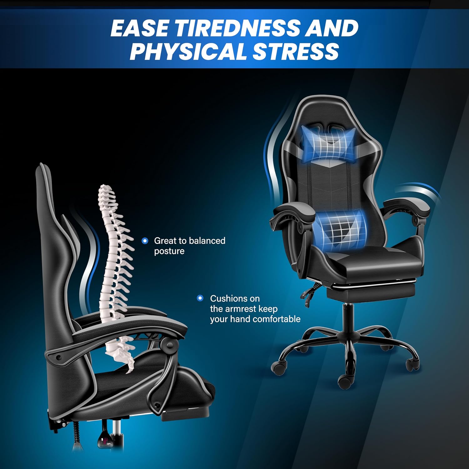 YSSOA Gaming Chair, Computer Chair with Footrest, Height Adjustable & 90°-135° Tilt Function, Swivel Recliner Ergonomic Racing Style Video Game Chair with Lumbar Support (Black/Grey)