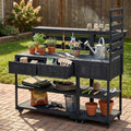 62.3'' Patio Kitchen Island, Solid Wood Kitchen Cart with Stainless Table Top, Garden Potting Bench with Raised Shelf and Drawers, Grill Prep Table for BBQ, Party (Black-62.3'')