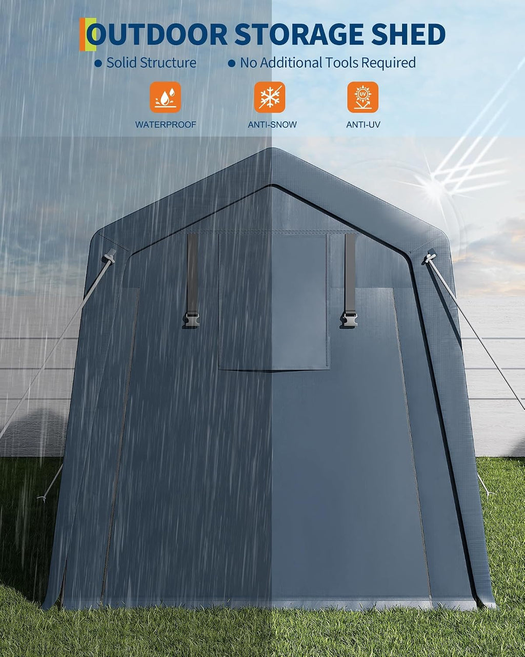 GarveeLife Portable Outdoor Storage Shed with Roll-Up Zipper Door & Vent, 240G Heavy-Duty Shelter Waterproof PE Tarp, UV-Resistant Carport for Motorcycle, Firewood, Tools (Gray, 7'x10')