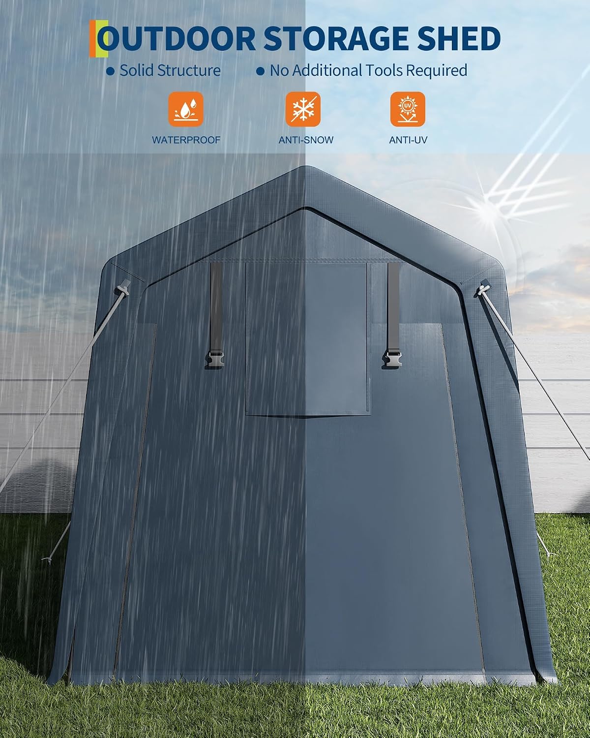 GarveeLife Portable Outdoor Storage Shed with Roll-Up Zipper Door & Vent, 240G Heavy-Duty Shelter Waterproof PE Tarp, UV-Resistant Carport for Motorcycle, Firewood, Tools (Gray, 7'x10')