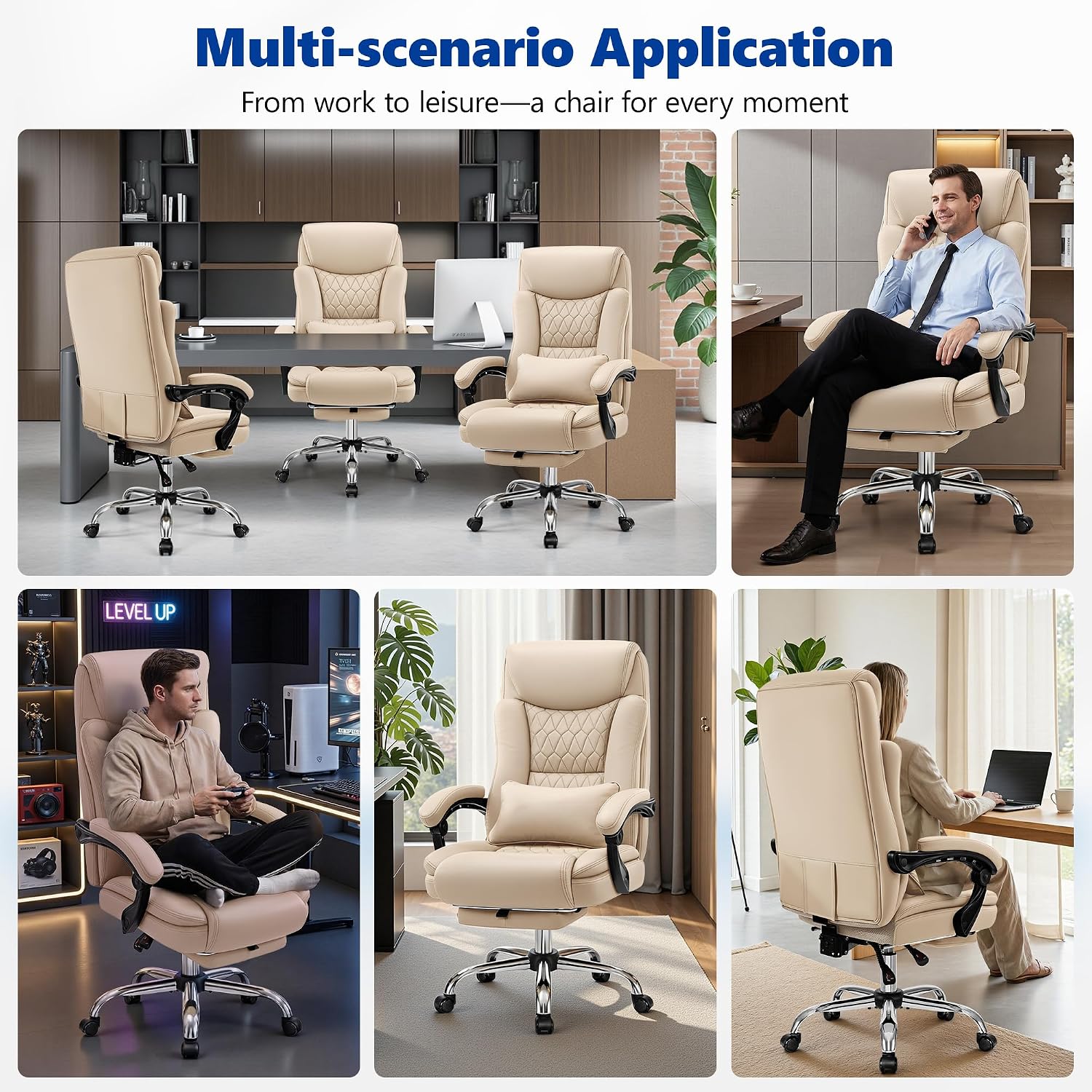 Big and Tall Office Chair 400lbs - Wide Memory Foam Seat with Spring Pack, Reclining Executive Desk Chair with Footrest, Ergonomic Heavy Duty High Back Computer Chair, Khaki