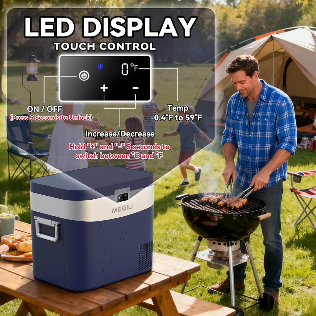 Megiu Car Refrigerator Portable Car Fridge 12V Refrigerator 23 Quart (22 Liter) Freezer Compressor Cooler 12V/24V DC 110～240 V AC for Outdoor Camping Travel Home Use -0.4℉~+59℉ (Blue)