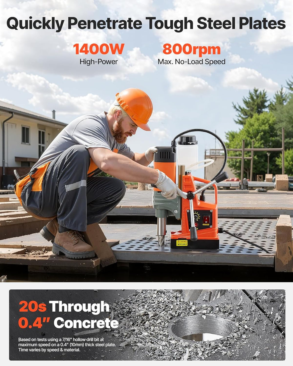 VEVOR Magnetic Drill Press, 1400 W, 2 in Boring Diameter, 2810 lbf Power Portable Mag Drill Press, 0–800 RPM Adjustable Speed, with Weldon Shank, for Metal Surface, Industrial and Home Improvement