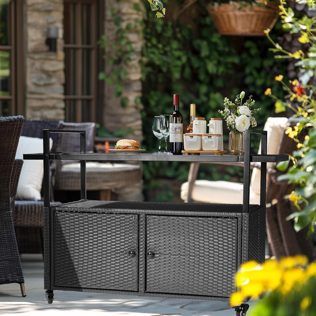 Outvita Patio Bar Table, Weatherproof Buffet Cabinet Wicker Outdoor Storage Cart with 2 Doors & Shelves Glass Tabletop for Tableware Wine Bottle and Glass, Towels, and Potting Supplies