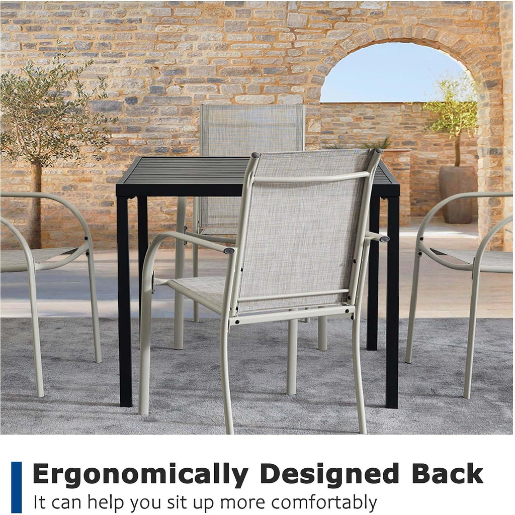 5 Pieces Patio Dining Set for 4, Grey Patio Stackable Chairs and Black Square Table Set of 4, Outdoor Furniture Set with Sling Support for Outside, Garden