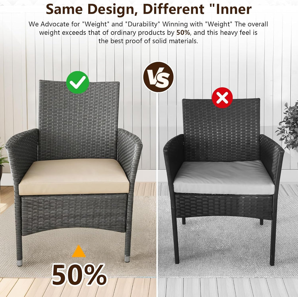 Outdoor Furniture Set of 4 Pieces with PE Waterproof Rattan Tempered Glass Table and Thick Cushions Suitable for Gardens Porches Terraces and Balconies Easy to Assemble, Grey