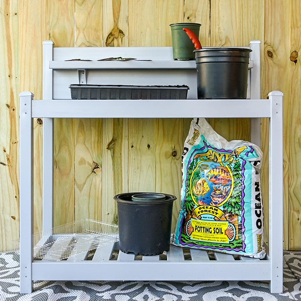 EAGLE PEAK Potting Bench, Weatherproof Vinyl Potting Table for Outdoor & Indoor Use, Easy Clean Garden Workstation with Storage Shelves, Gray, 40'