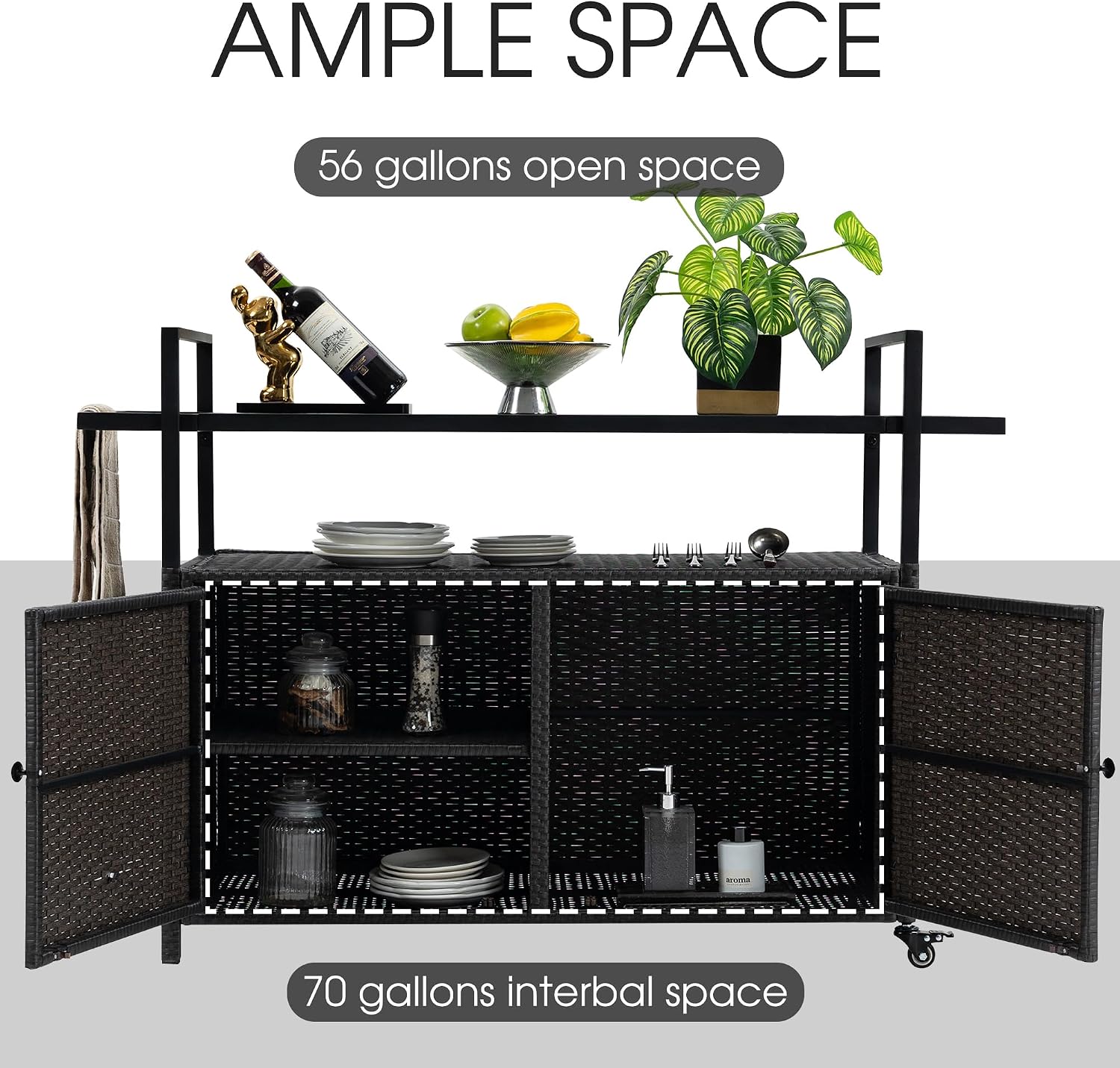HOMEFUN Outdoor Bar Cart Table - Patio Console Storage Cabinet BBQ Grill Carts Buffet with Wheels Waterproof Wicker Serving Tables for Outside, Black