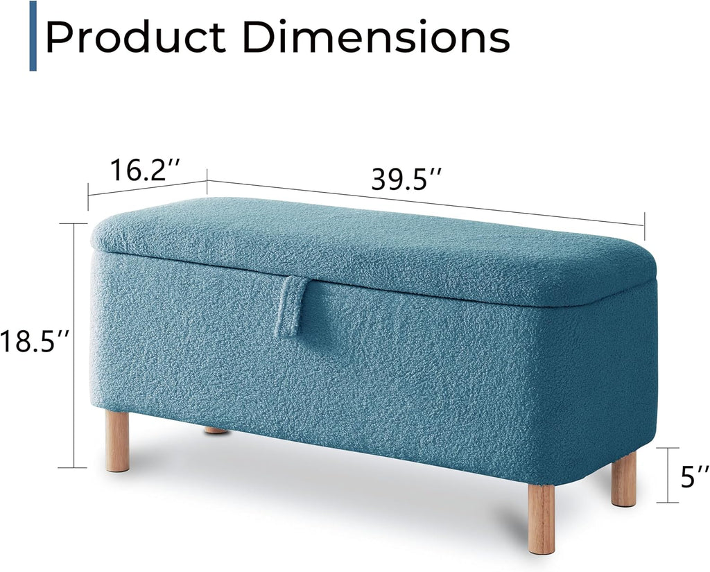 Boucle Storage Ottoman Bench for Bedroom end of Bed, Sherpa Upholstered Shoe Seat Storage Bench for Entryway Bed Foot, Rectangle Cushion Padded Blanket Chest Cute for Living Room, Light Blue