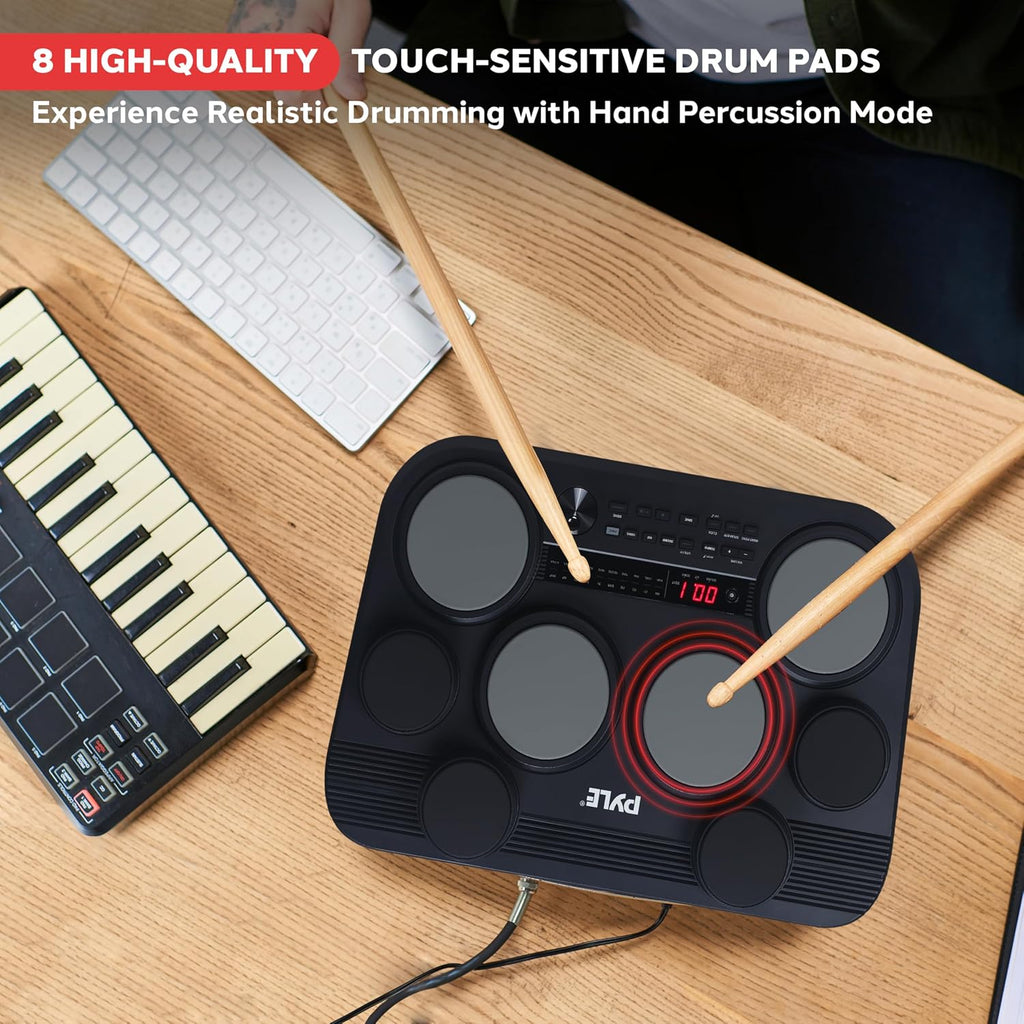 Pyle Electronic Tabletop Drum Pad Set - Compact Portable Drum Kit w/ 8 Touch Sensitive Drum Pads and Pedals, 600 Sounds, USB & Headphone Outputs, MIDI/AUX Inputs - 80 Preloaded Kits (Black)