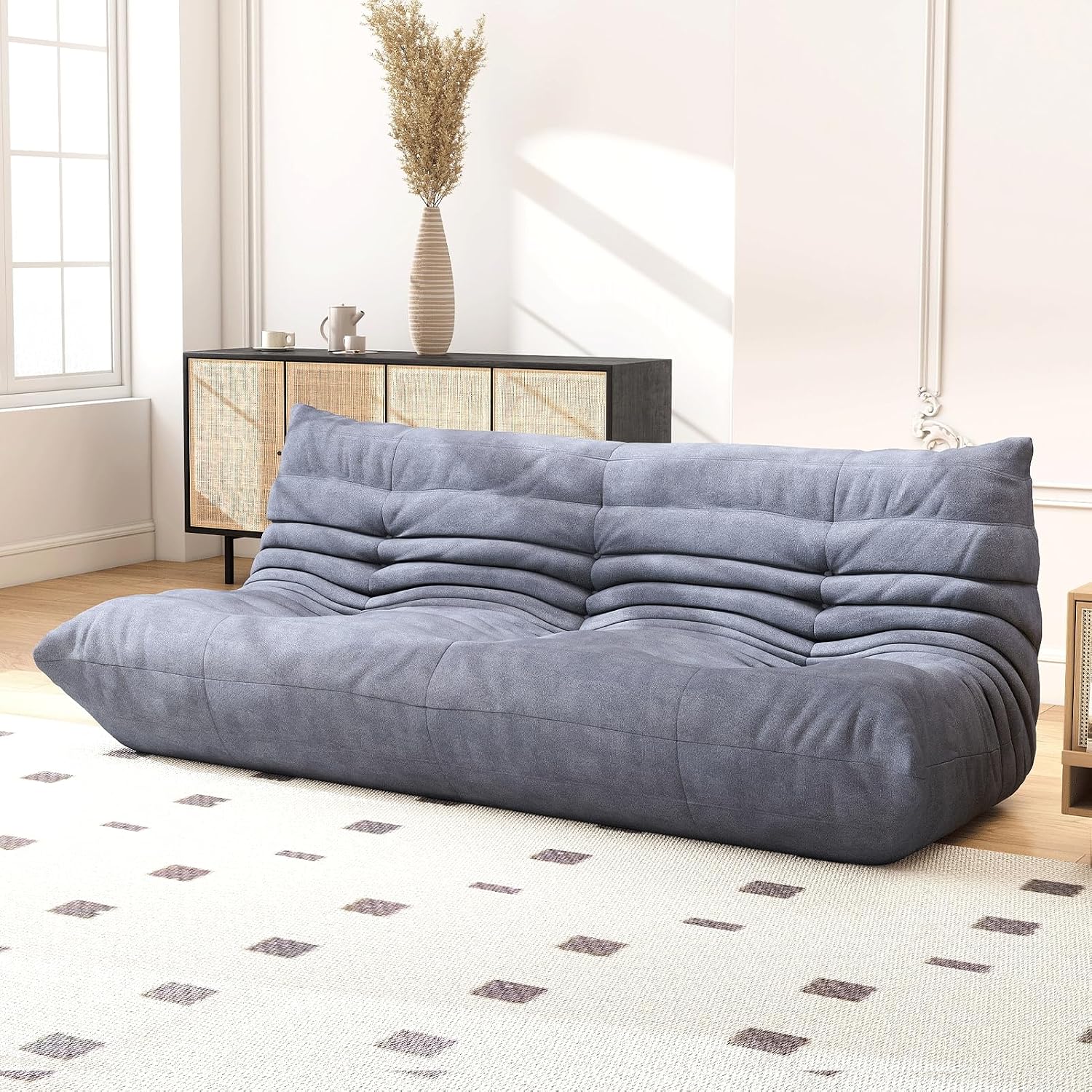 Full Foam Three Seater Sofa – Bean Bag Chairs Floor Couch for Adults, Waterproof Upholstery, Armless Fireside Lounge Chair for Living Room, Apartment, or Office (Grey)