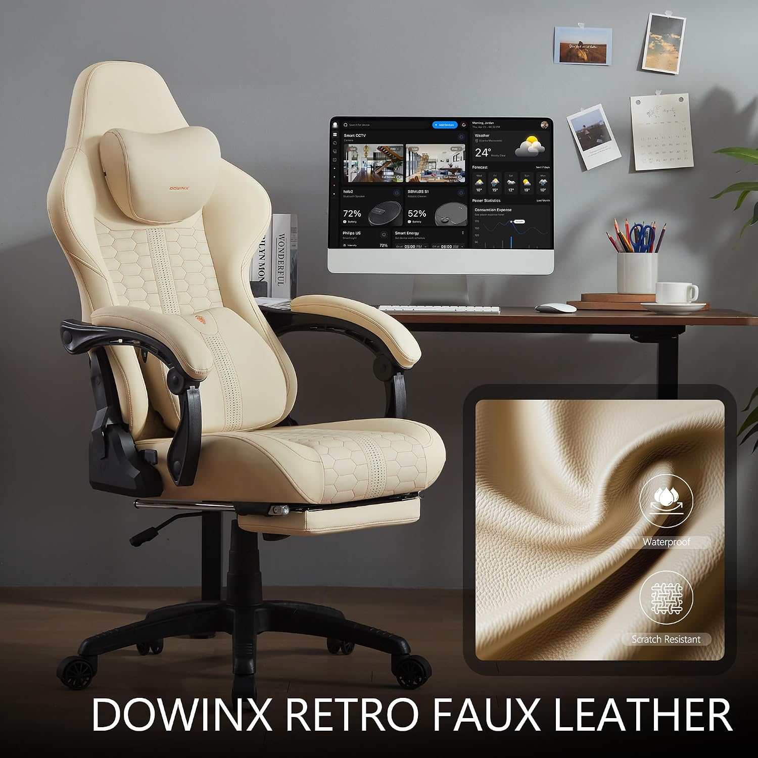 Dowinx Gaming Chair for Adults with Footrest, Reclining Gamer Chair with Massage Lumbar Support, Ergonomic Big and Tall Office Computer Chair 400LBS, High Back PU Leather Gaming Computer Chair,Ivory