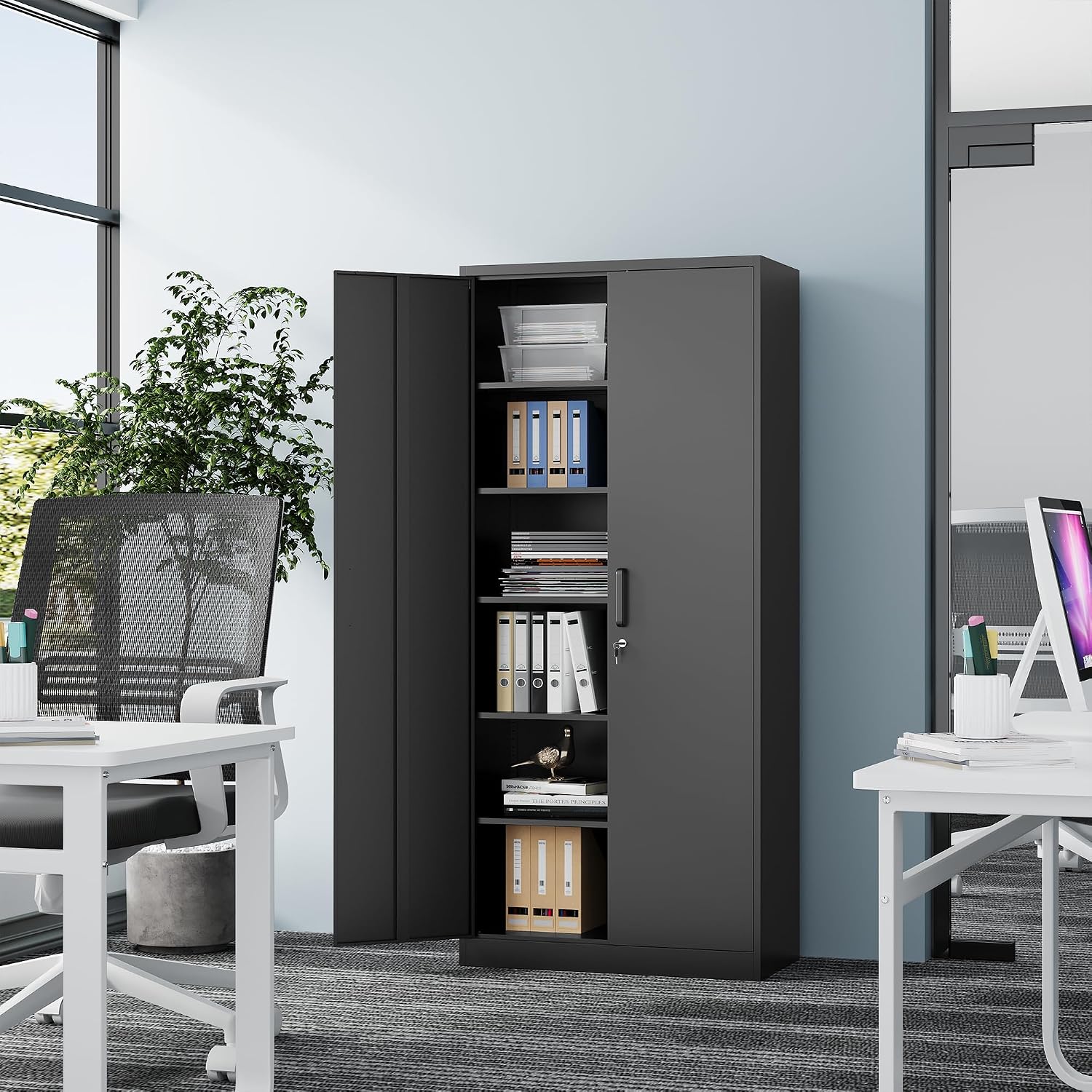 Fesbos Metal Storage Cabinet-71' Tall Steel File Cabinets with Lockable Doors and Adjustable Shelves-Black Steel Storage Cabinet for Home, School, Office, Garage