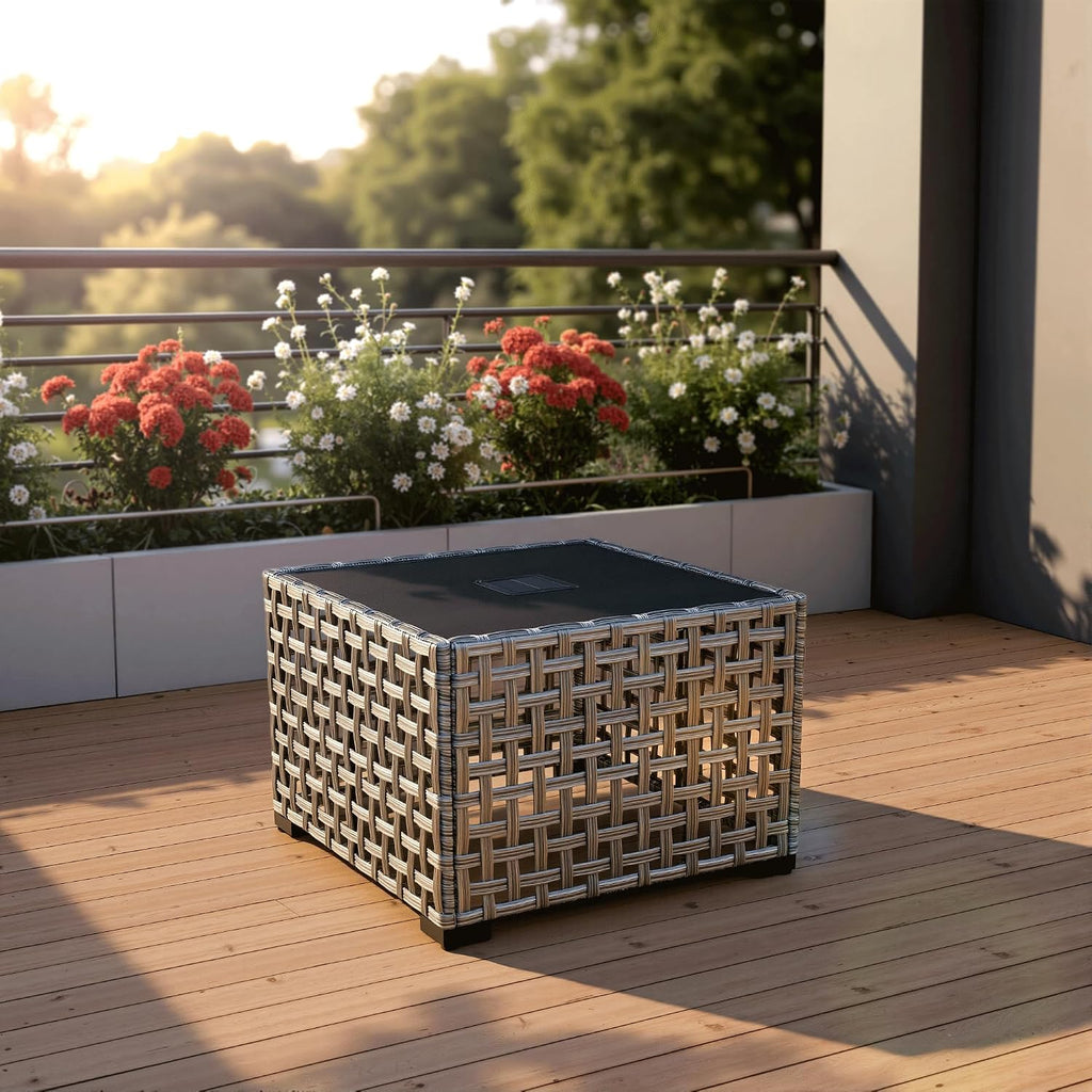 ovios Outdoor Side Table with Tempered Glass Top, Patio Wicker Rattan Solar Lights Tables for All-Weather Porch Deck Balcony Garden Poolside (Mixed Brown-Medium Size)