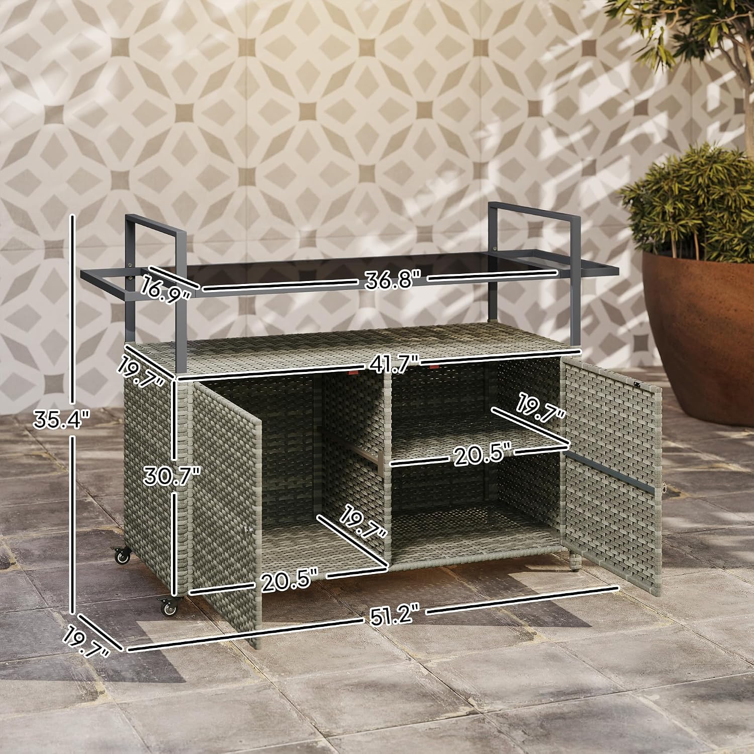 Outsunny PE Rattan Outdoor Storage Cabinet, Wicker Outdoor Bar Table Kitchen Island with Wheels & 2-Tier Shelf, Patio Serving Cart with Glass Top, Handles, Towel Racks for Poolside, Mixed Gray