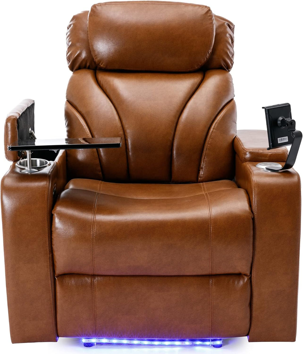 Merax Power Motion Recliner with USB Charging Port and Hidden Arm Storage, Home Theater Seating with Convenient Cup Holder Design,and Stereo(Light Brown)