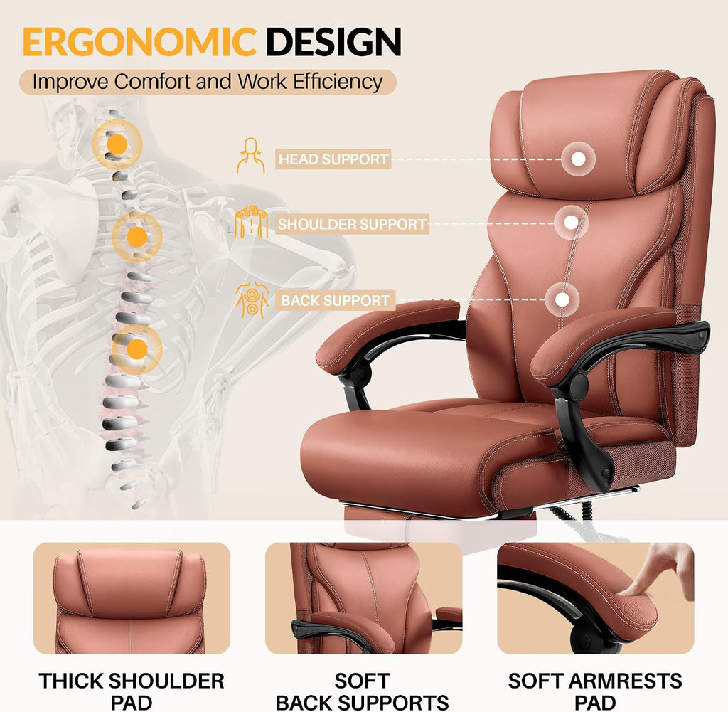 HeroSet Big and Tall Office Chair with Foot Rest, 400lbs Ergonomic Reclining High Back Executive Leather Chair, Lumbar Support Swivel Computer Desk Chairs for Heavy People Home Office Gaming(Brown)