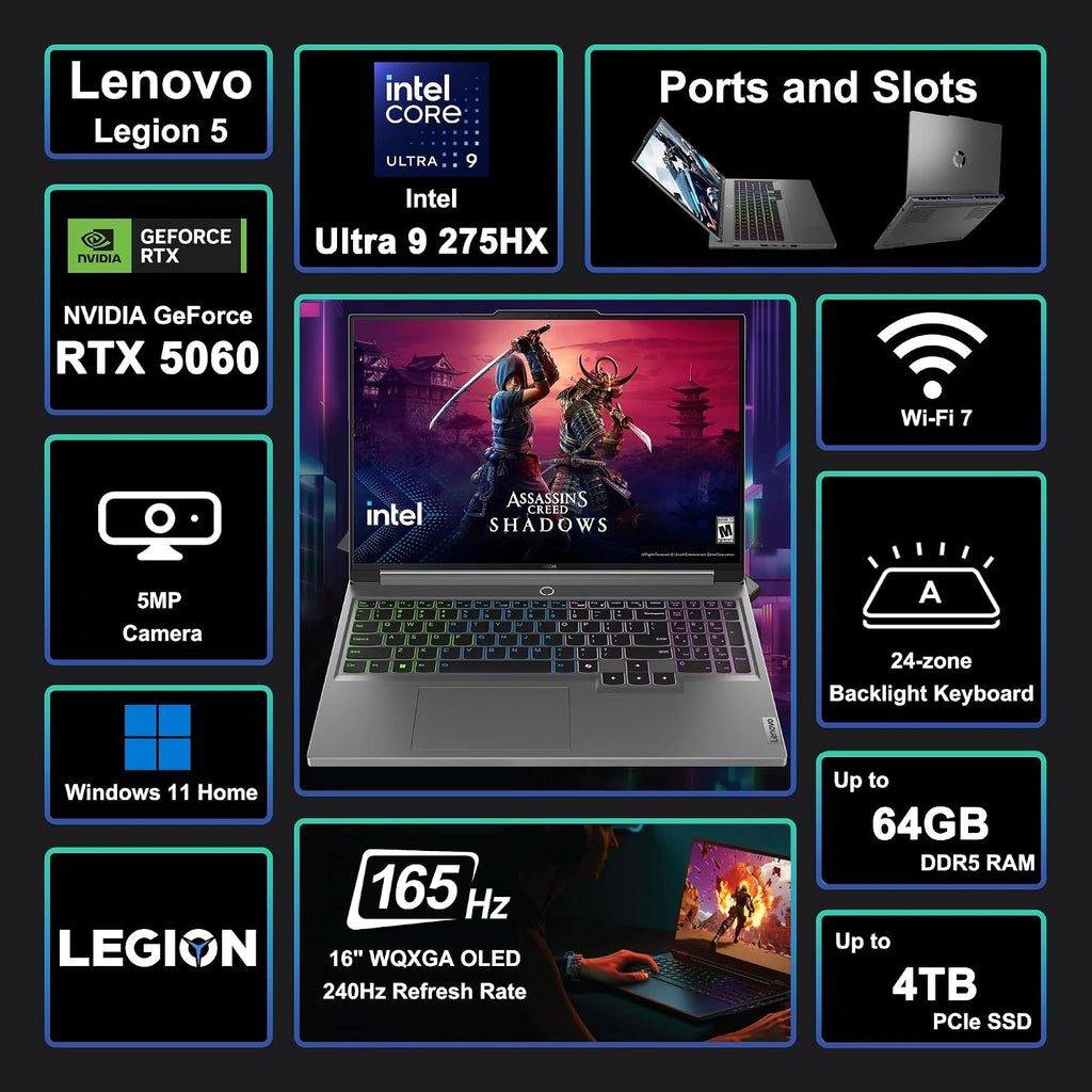 Lenovo Legion 5 Gaming AI Laptop 16' WQXGA 2560x1600 240Hz (100% DCI-P3, 500nits) Intel 24-core Ultra 9 275HX 32GB RAM 4TB SSD GeForce RTX 5060 (Up to 572 AI Tops) RGB Backlit Harman Win11 ICP Hub
