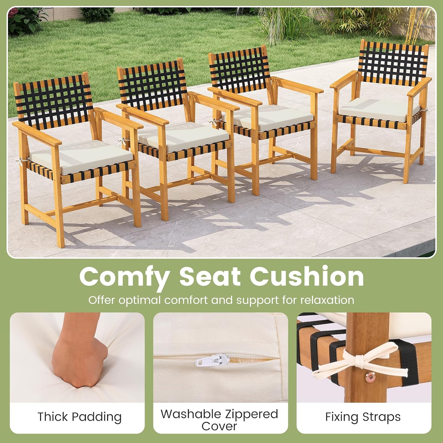 Tangkula 7 Piece Patio Dining Set for 6 People, 63' Outdoor Rectangular Acacia Wood Table with 1.97' Umbrella Hole & 6 Armchairs with Padded Seat Cushions, for Deck Yard and Poolside