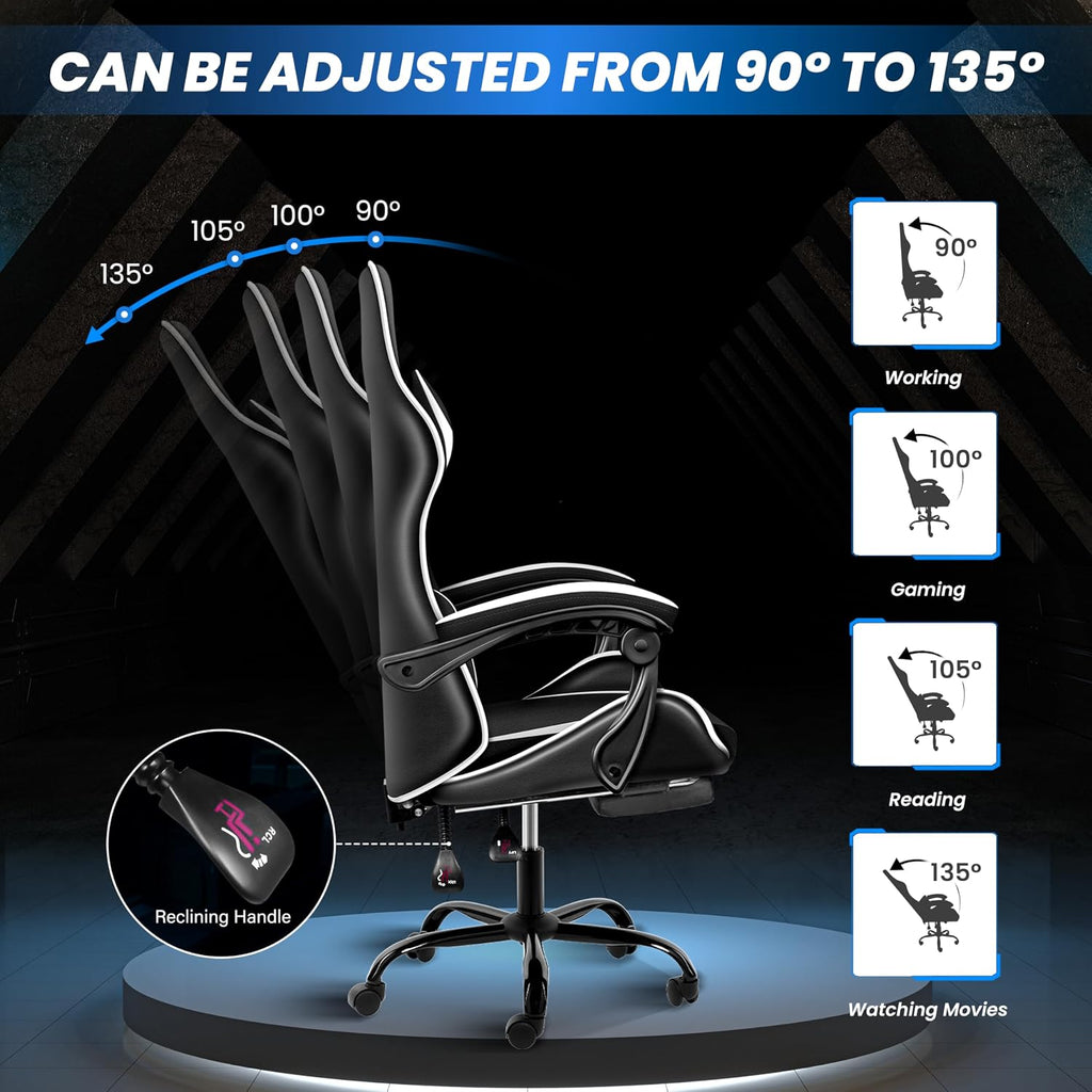 YSSOA Gaming Chair, Computer Chair with Footrest, Height Adjustable & 90°-135° Tilt Function, Swivel Recliner Ergonomic Racing Style Video Game Chair with Lumbar Support (Black/White)