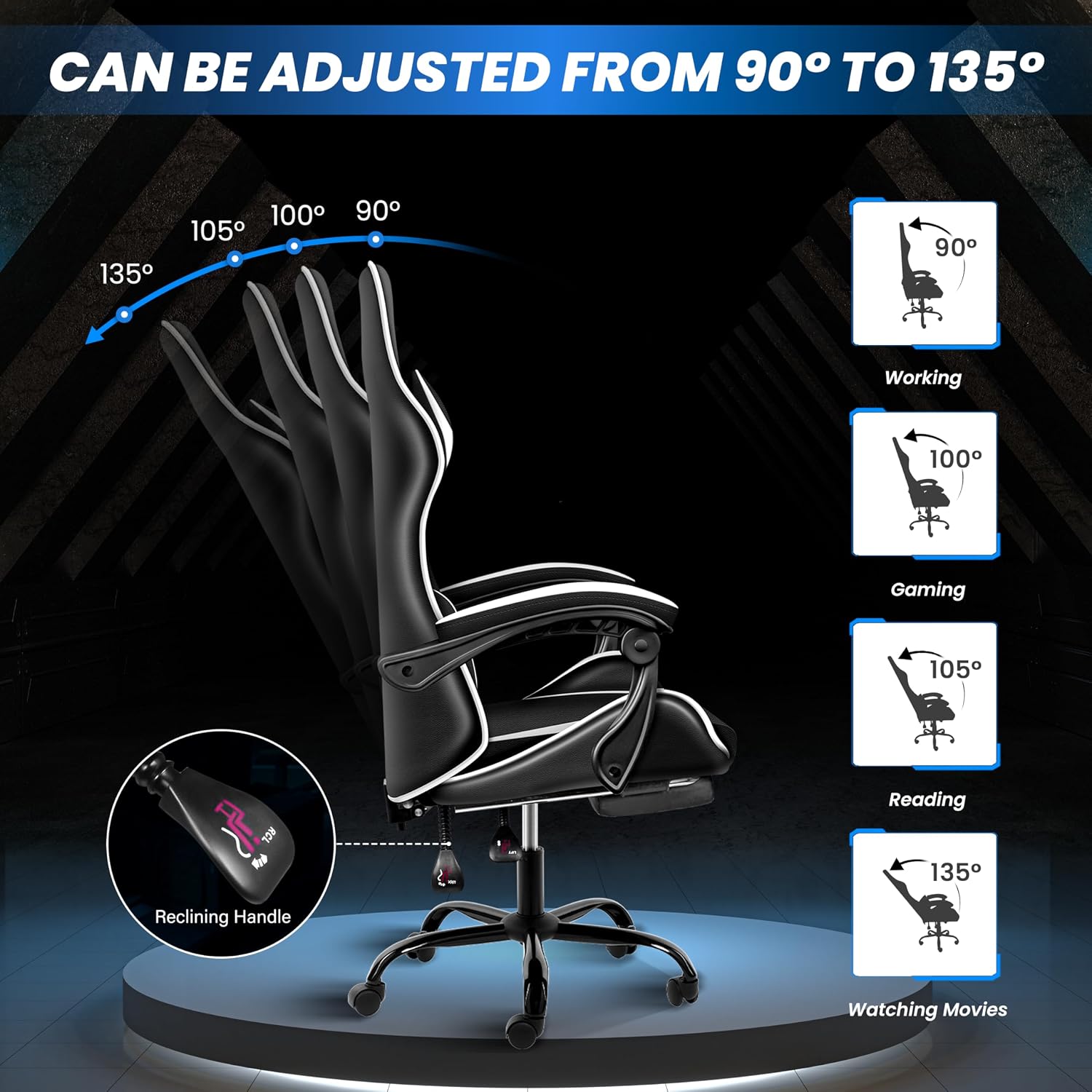 YSSOA Gaming Chair, Computer Chair with Footrest, Height Adjustable & 90°-135° Tilt Function, Swivel Recliner Ergonomic Racing Style Video Game Chair with Lumbar Support (Black/White)