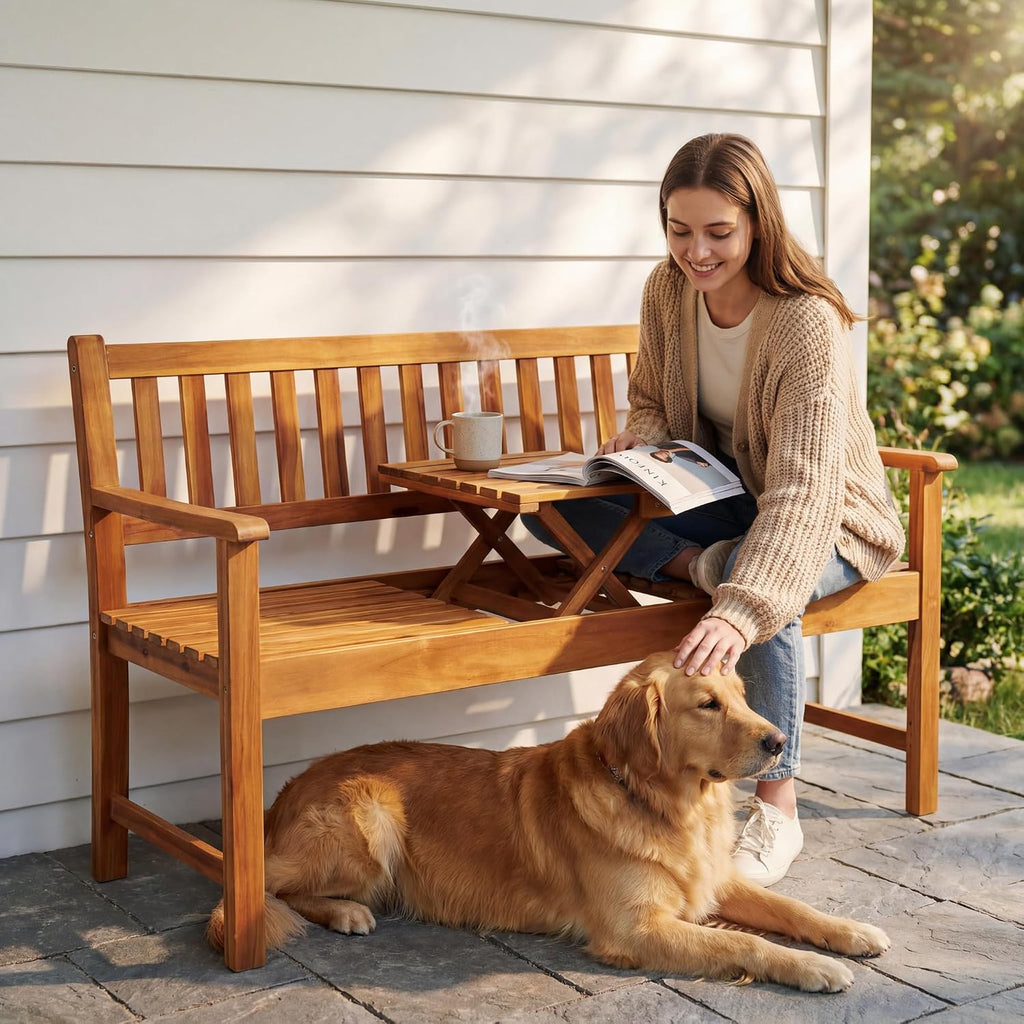 Devoko Outdoor Bench, 2-Person Garden Bench, Patio Wood Bench Outdoor Loveseat with Pull-Out Center Table for Backyard, Balcony and Patio and Garden (Log Color)