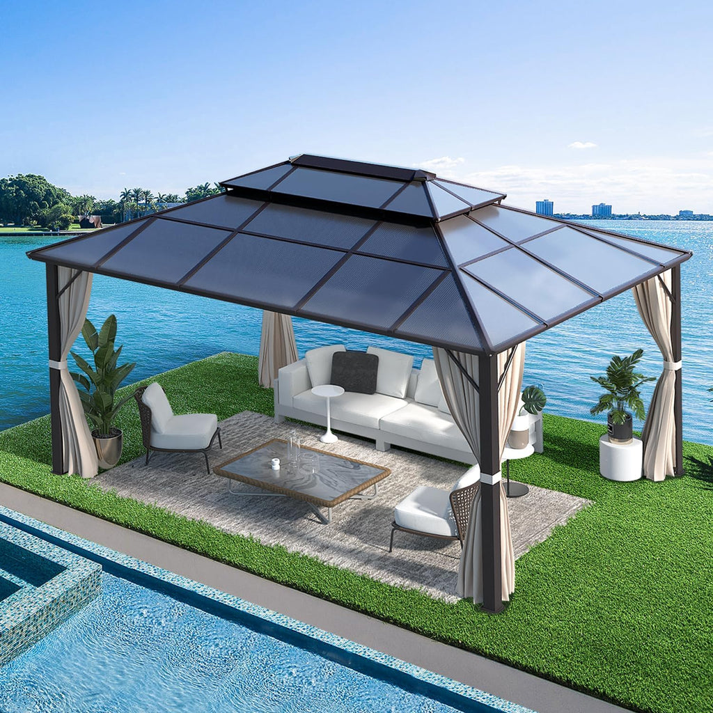 MELLCOM 12'x16' Hardtop Gazebo with Polycarbonate Double Roof, Aluminum Frame Outdoor Gazebos with Curtains and Netting for Garden, Lawn and Patio