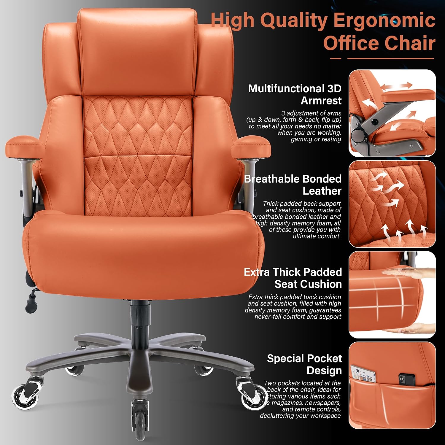 Big and Tall 700lbs Office Chair - Adjustable Lumbar Support 3D Flip Arms Heavy Duty Metal Base&Wheels, High Back Large Executive Computer Desk Chair, Thick Padded Ergonomic Design for Back Pain