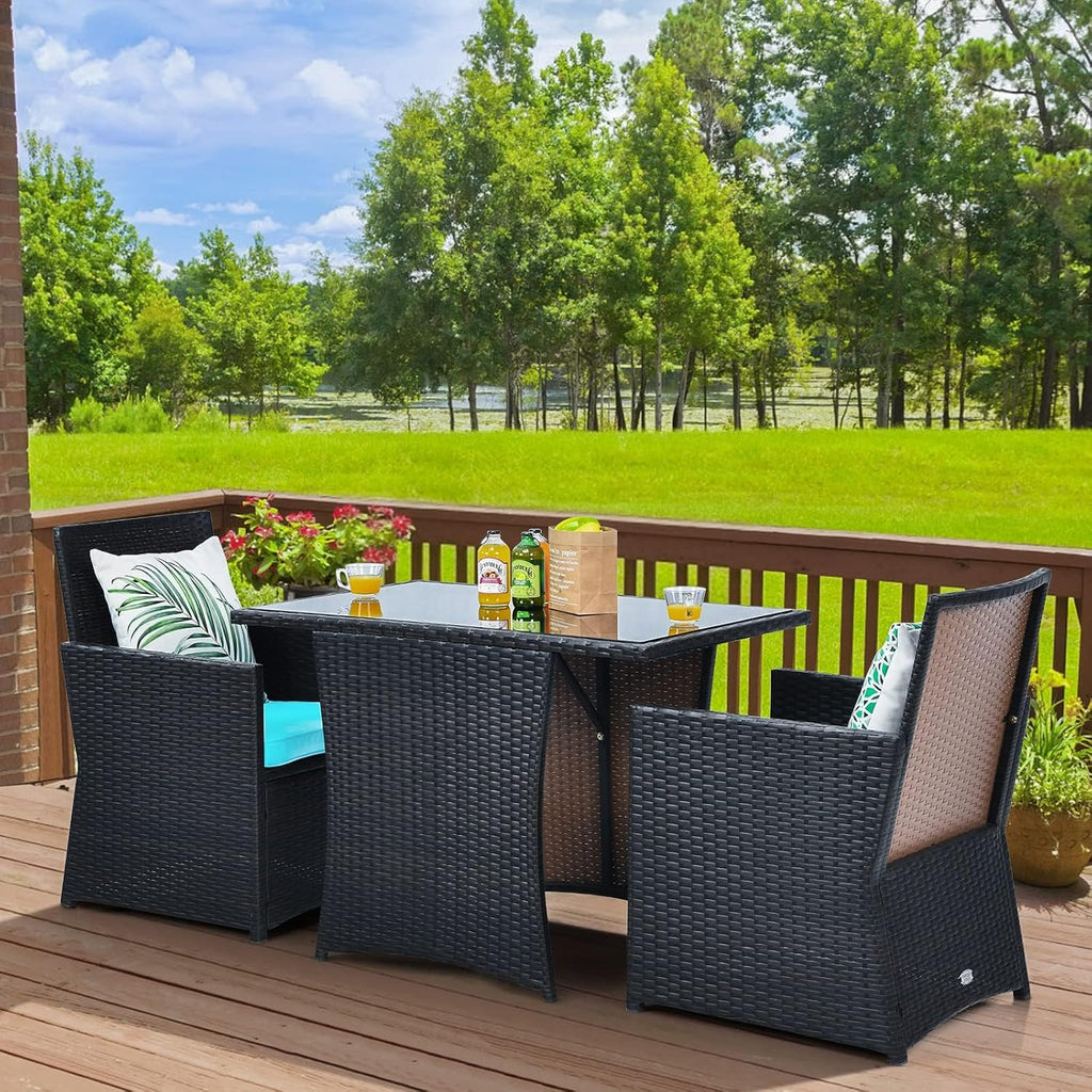 DORTALA Wicker Patio Bistro Set 3 Piece, Outdoor Table and Chairs with Tempered Glass Tabletop, Cushions, Small Rattan Furniture Conversation Sofa Set for Balcony, Porch, Backyard, Deck, Turquoise