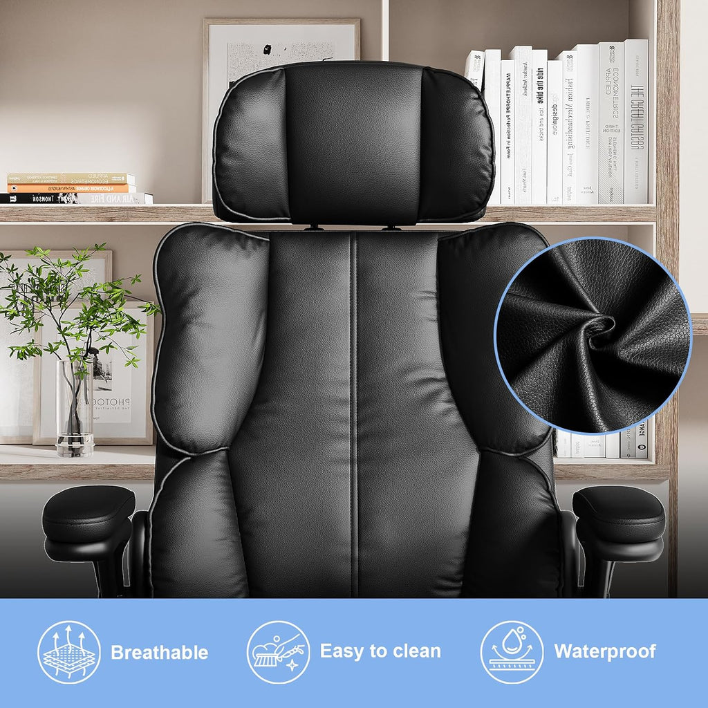 Kensaker Ergonomic Executive Office Chair with Adjustable Headrest & 90° Flip-Up Arms, High Back PU Leather Computer Desk Chair with 135° Rocking & Double Padding for Home Office Comfort, Black