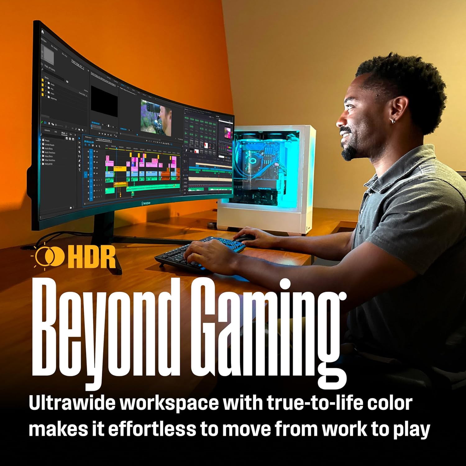 Westinghouse 49 Inch Curved Gaming Monitor, UWDQHD(5120 x 1440P), 3000:1 Contrast Ratio, 124% SRGB, 120Hz, 1800R, AMD FreeSync, Eyecare, Built-in Speakers, Tilt/Height/Swivel, HDMI, DisplayPort, USB-C